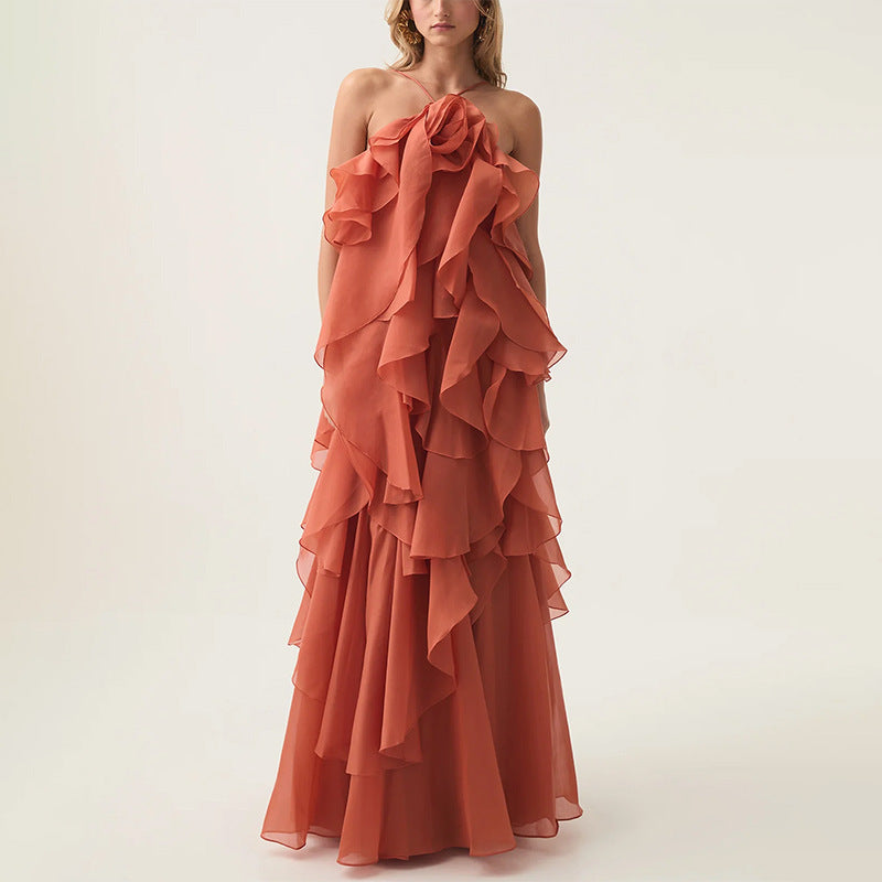 Elegant Lady Patchwork Ruffled Maxi Dress Early Spring Halter Backless Design Maxi Dress Women Ory