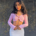 Cárdigan de manga larga con cuello en V sexy de primavera, camiseta ultracorta y ajustada para mujer