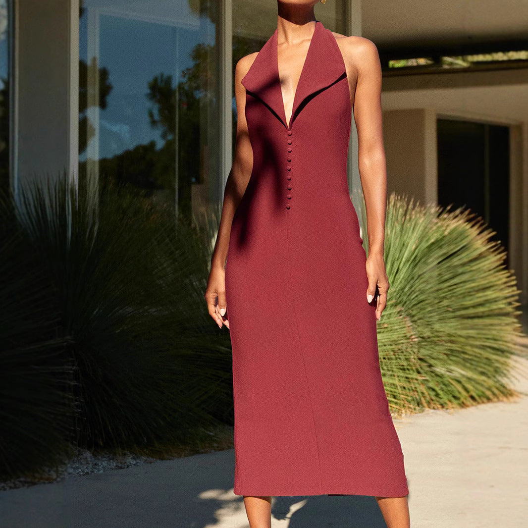 Sexy Women Clothing Sexy Backless V neck Midi Dress Skinny Sheath Split Halter Dress REBECCA