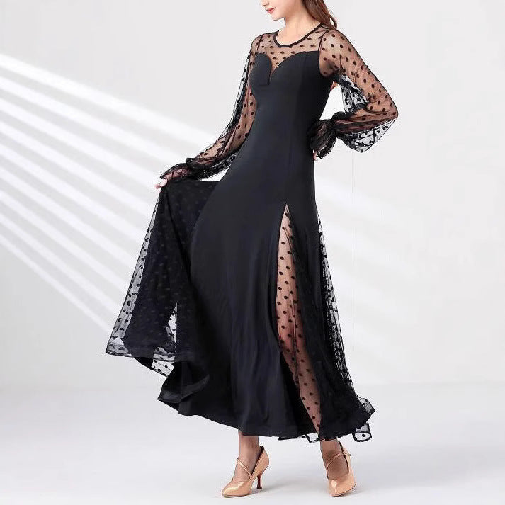 Elegant Women Polka Dot Lace Stitching Long Sleeve Dress Lantern Sleeve Polka Dot Stitching Split Dress Venly