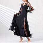 Elegant Women Polka Dot Lace Stitching Long Sleeve Dress Lantern Sleeve Polka Dot Stitching Split Dress Venly