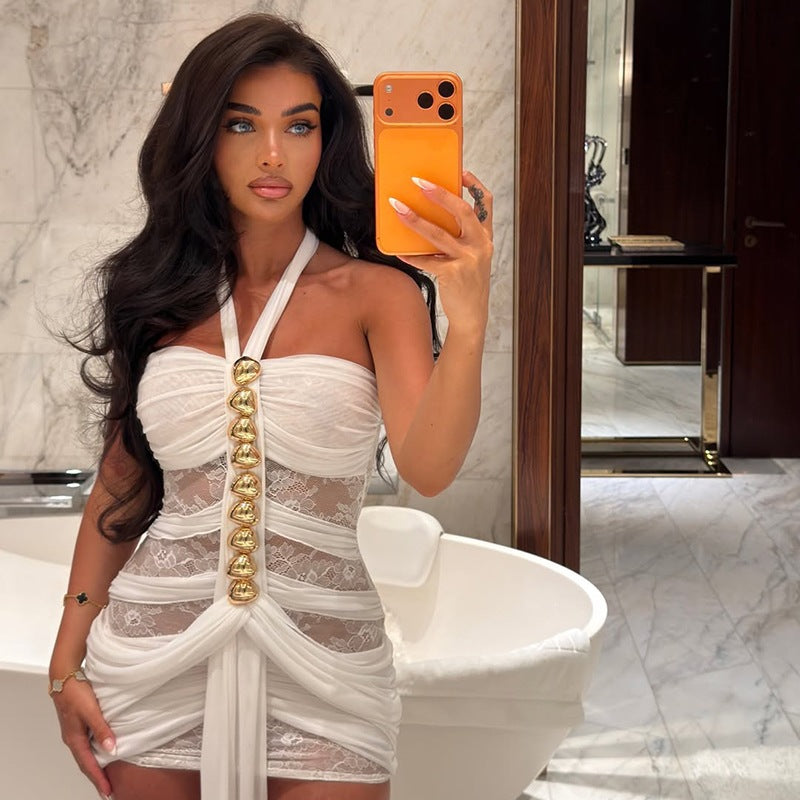 Summer Women Lace Sexy See through Ribbon Halter Dress Cecil