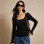 Square Collar Long Sleeve T shirt Women Lace Stitching Tied Waist Slimming Flared Sleeves Top Yiskiss