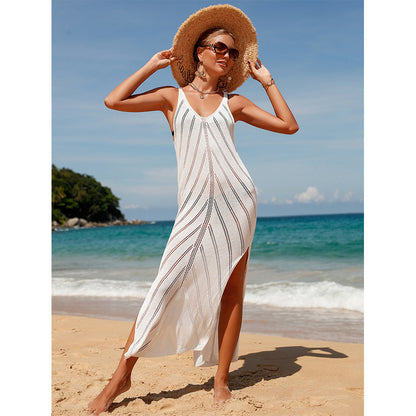 Travel Vacation Sexy Backless V-neck Solid Color Breathable Knitted Slit Maxi Dress Beach Sun Protection Blouse Crochet hook