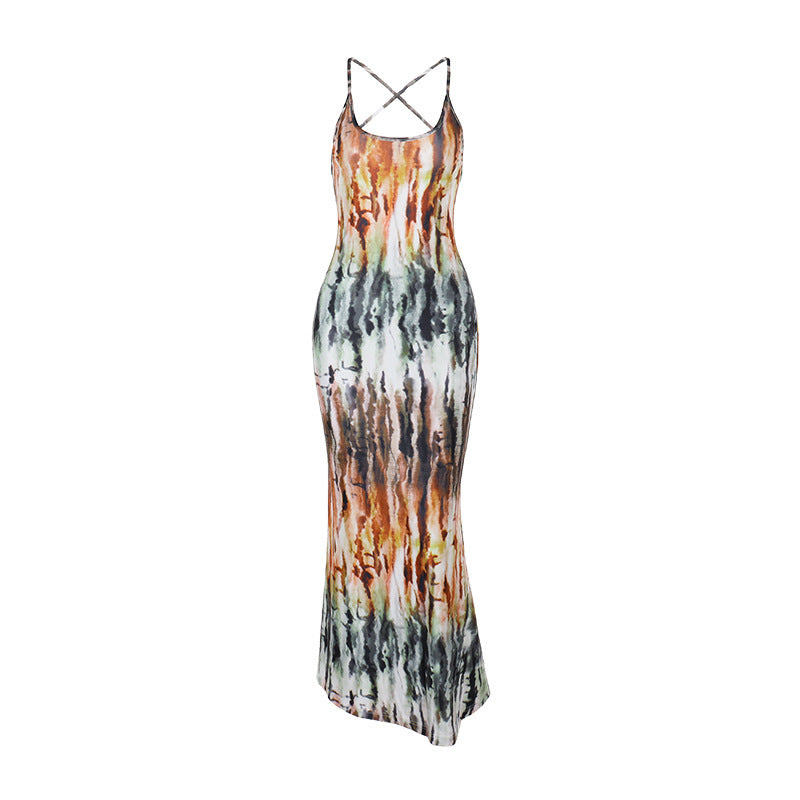Tie Dye Gradient Sexy Backless Holiday Dress Summer Suspender Maxi Dress