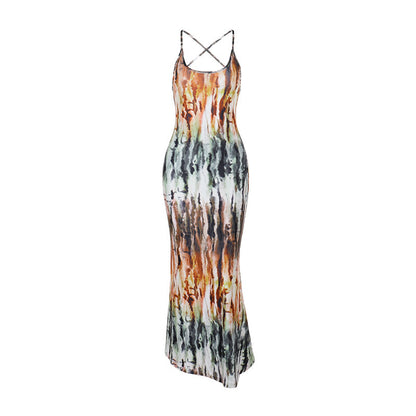 Tie Dye Gradient Sexy Backless Holiday Dress Summer Suspender Maxi Dress
