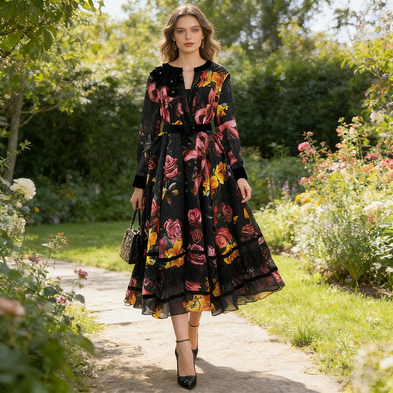 Spring High Grade Printed V neck Dress Tight Waist Slimming Flared Sleeves Stitching Lace Dress Women Sailfish