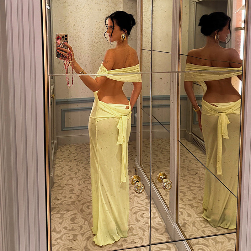 Spring Women Solid Color Sexy Sheer Mesh Design Backless Sheath Dress YIMAIL