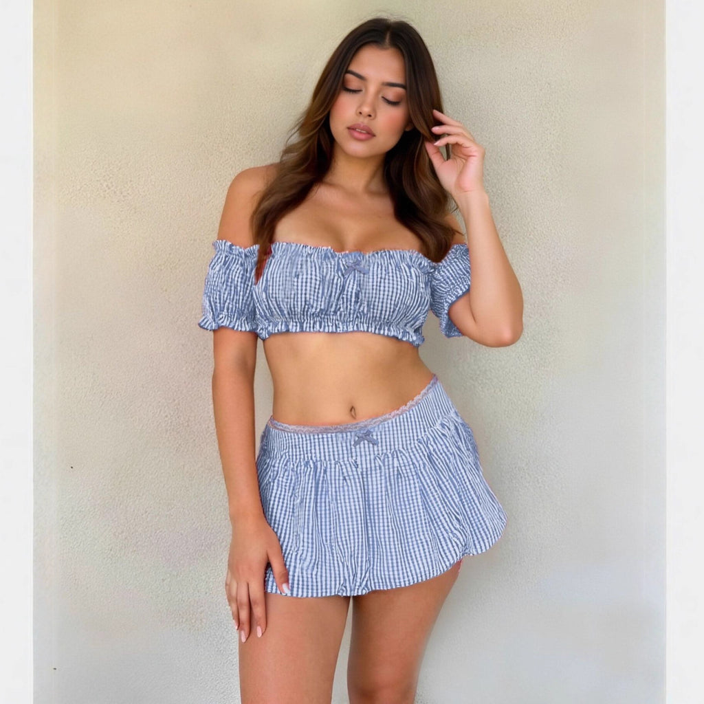 Women Clothing Summer Plaid Sexy Bow Tube Top Sexy Short Skirt Two Piece Sets Eedele