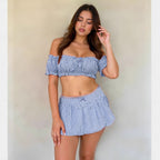 Women Clothing Summer Plaid Sexy Bow Tube Top Sexy Short Skirt Two Piece Sets Eedele