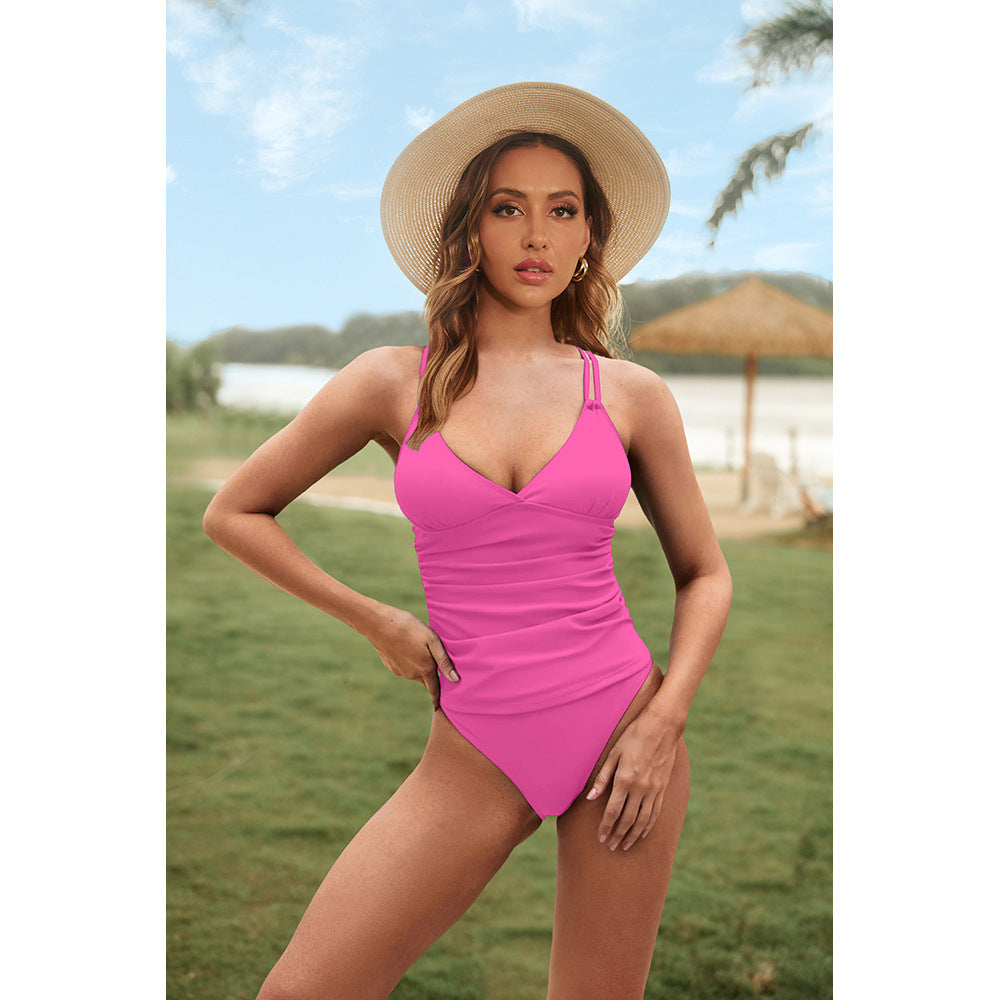 Traje de baño de dos piezas con escote en V y top peplum con tirantes cruzados