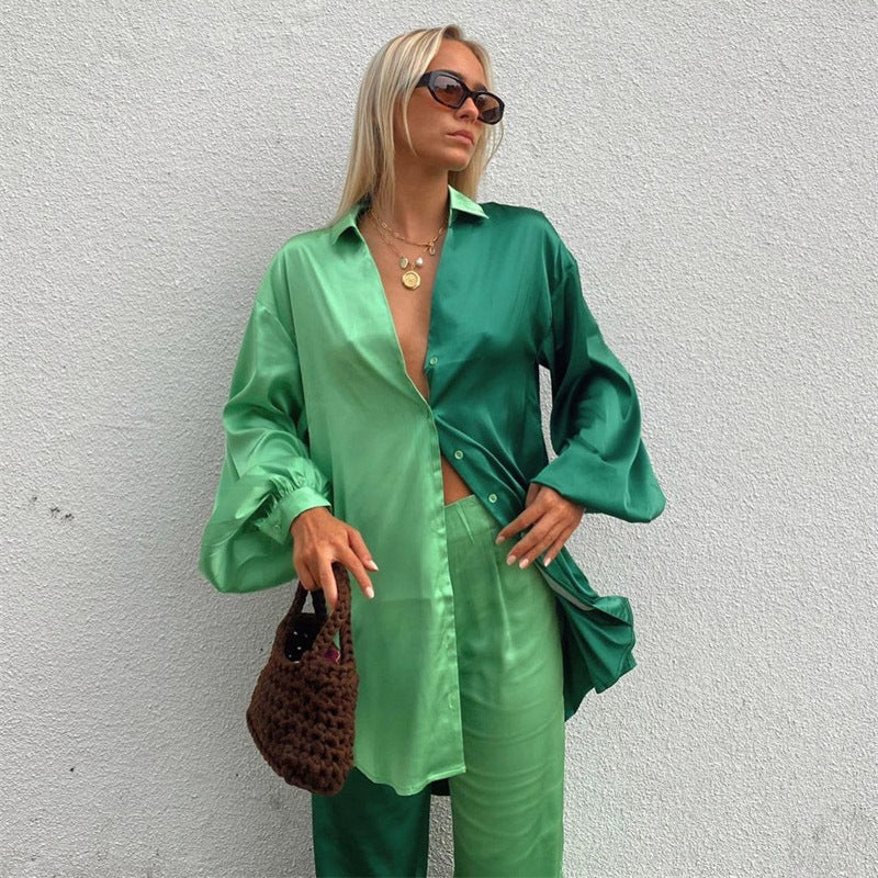 Spring Summer Satin Two Piece Set Colorblock Women Clothing Oversized Shirt Casual Straight Pants Set BESSY