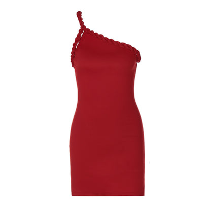 Women Clothing Summer Sexy Backless Pleated One Shoulder Twist Hip Bag Dress Women