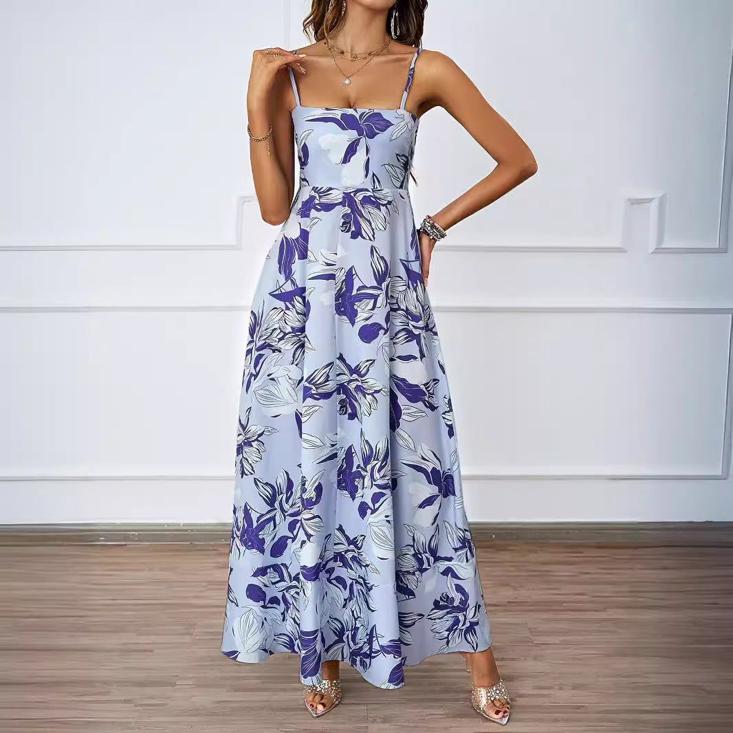 Summer Casual Sleeveless Sexy Strap High Waist Floral Print Dress XINXI