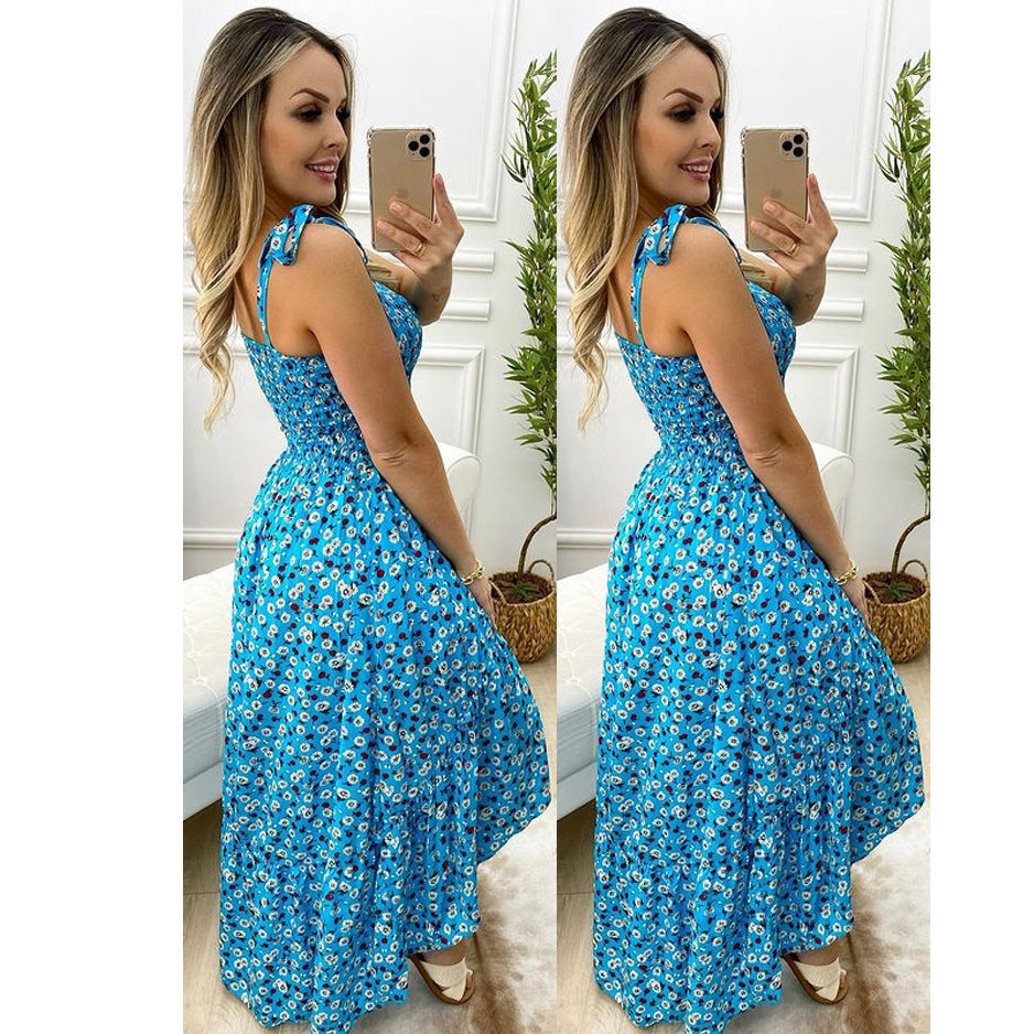 Spring Summer Pleated Strap Floral Dress Home Loose Lace up Large Swing Oyrina