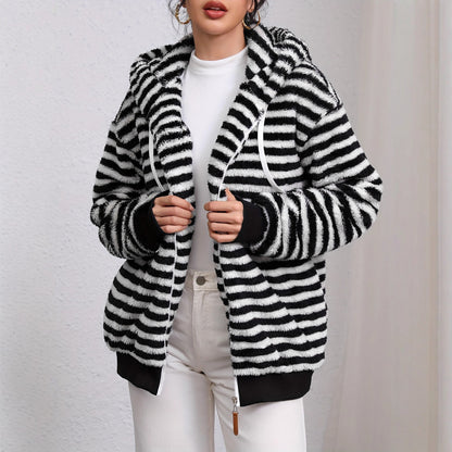 Autumn Winter Lazy Plush Design Black White Striped Hooded Jacket