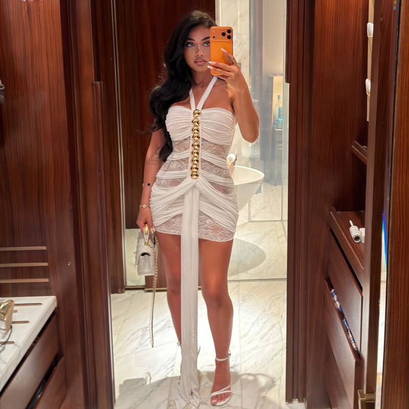 Summer Women Lace Sexy See through Ribbon Halter Dress Cecil