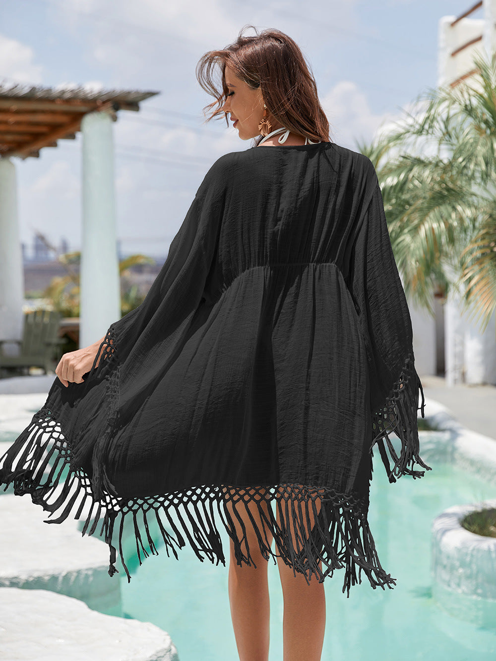 Women Clothing Bikini Tassel Outer Wear Cardigan Vacation Beach Cover up Sun Protection Clothing Lace up One Piece Midi Dress