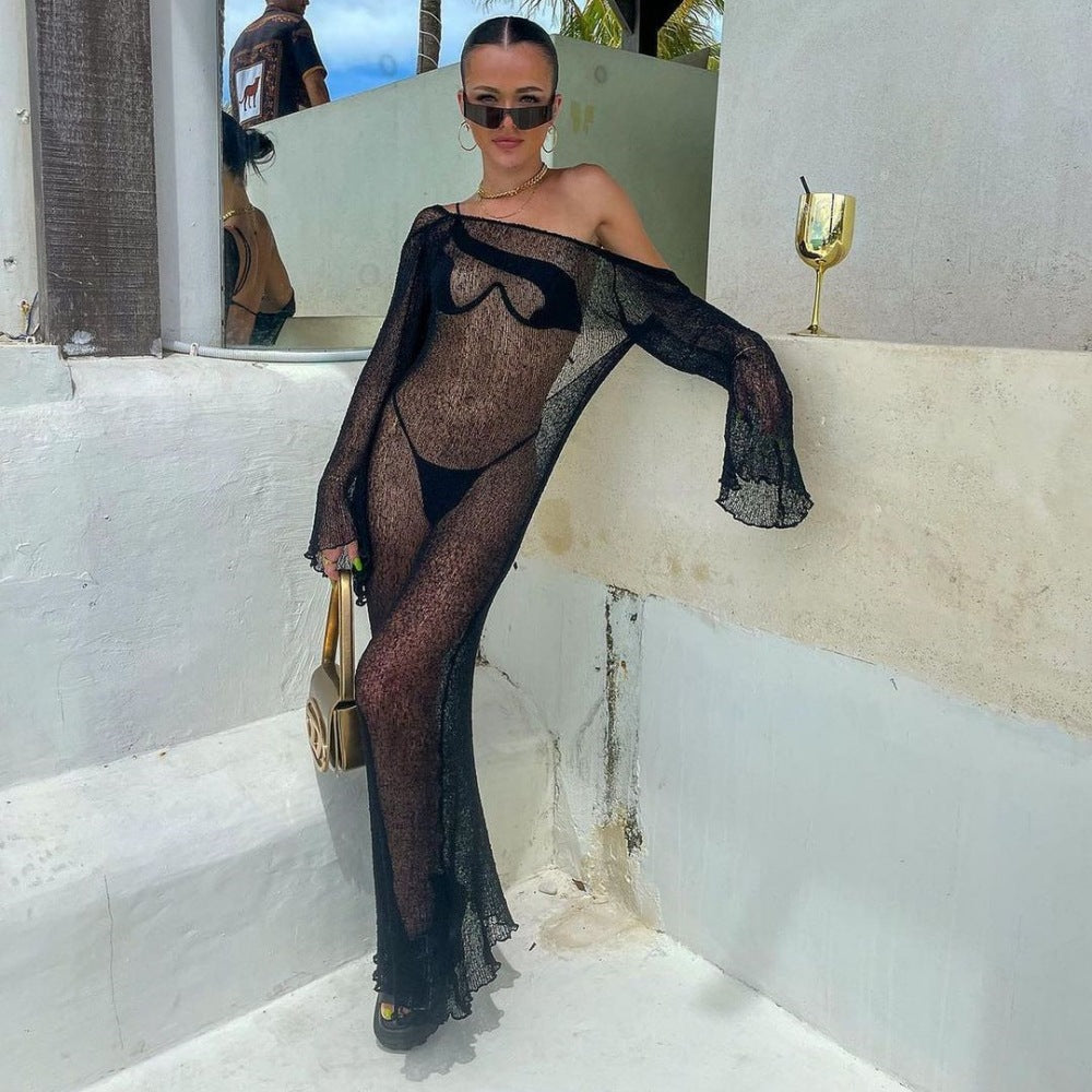 Summer See through Sexy Vacation Blouse Bare Back Solid Color Long Sleeve Knitted Dress Women Clothing MINODI