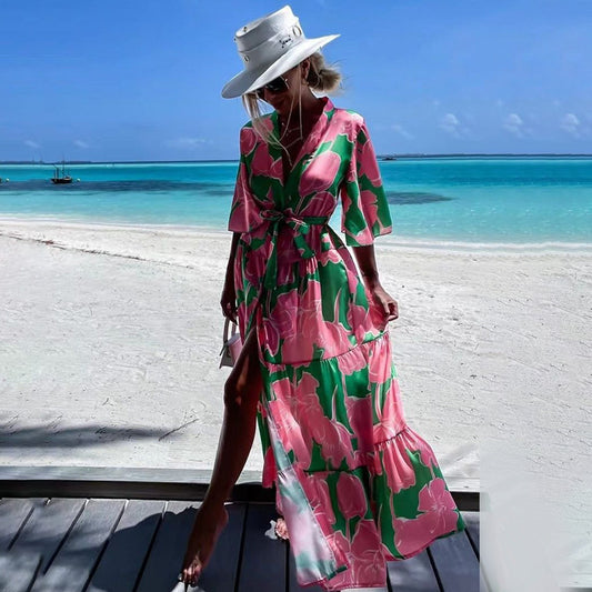 Traje de baño de playa de verano, informal, con estampado floral, blusa, ropa de protección solar, cárdigan