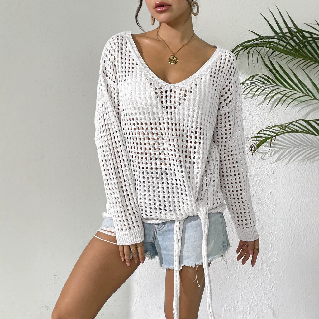 Women V neck Top Hollow Out Cutout-out Sun Protective Blouse Lace up Bow Long Sleeve Pullover Shirt Idle Loose Sweater Oyimi