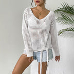 Women V neck Top Hollow Out Cutout-out Sun Protective Blouse Lace up Bow Long Sleeve Pullover Shirt Idle Loose Sweater Oyimi