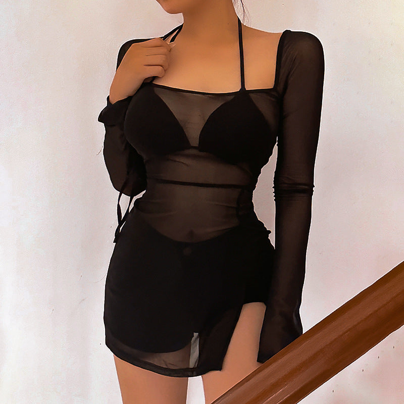 Vestido corto de manga larga con abertura y malla de color liso para mujer, primavera y verano