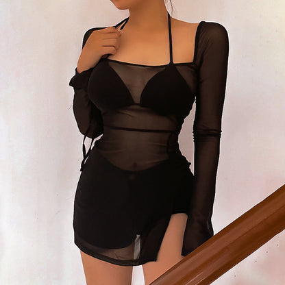 Vestido corto de manga larga con abertura y malla de color liso para mujer, primavera y verano