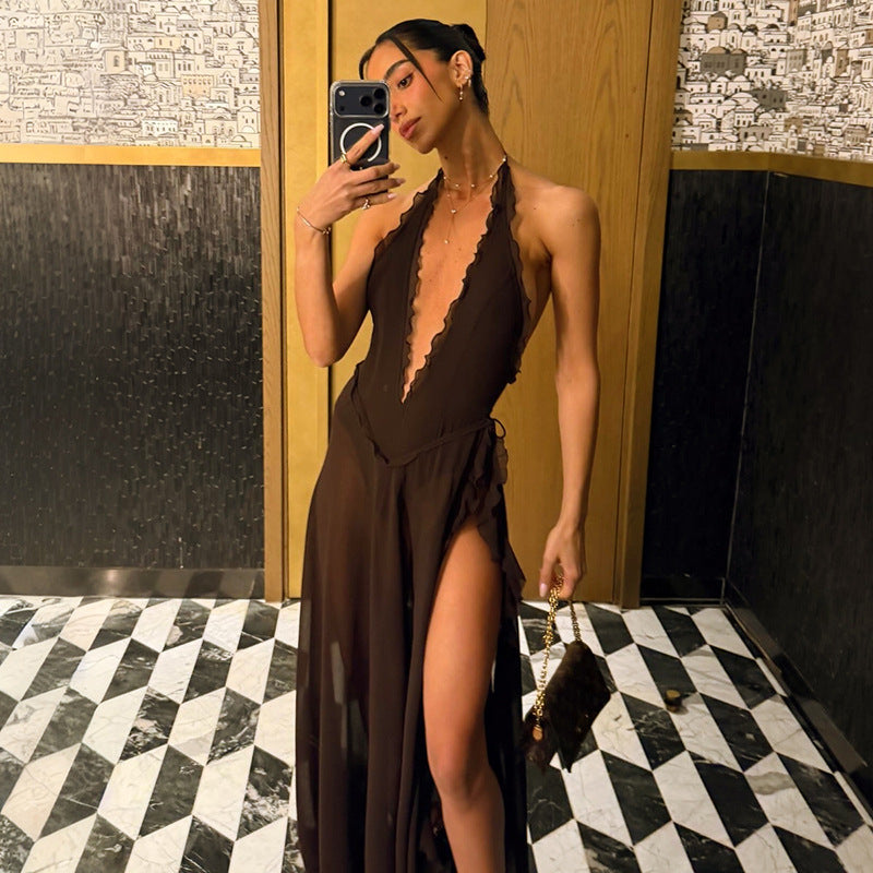Sexy Low Collar High Slit Halter Lace Dress COORAL