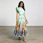 Retro Artistic Printed Dress Summer Stand Collar Ruffle Feifei Long Loose Dress Women Ory