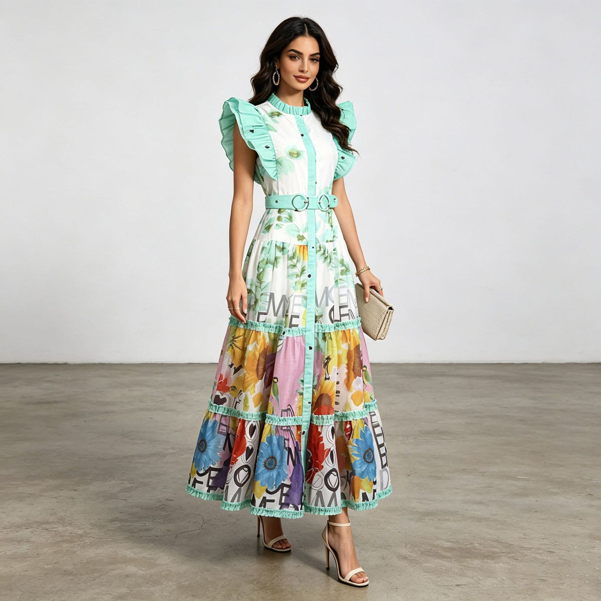 Retro Artistic Printed Dress Summer Stand Collar Ruffle Feifei Long Loose Dress Women Ory