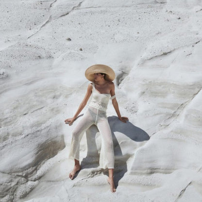 Sexy Hollow Out Cutout out See through Loose Sleeveless Beach Shirt Casual Vacation Trousers Sun Proof Set