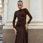 Vestido francés de otoño, vestido largo para mujer, vestido de noche con cintura texturizada y adelgazante.