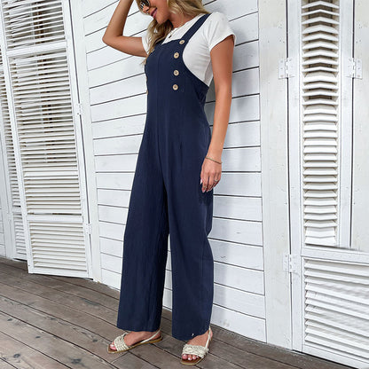 Pantalones de verano azules rectos con tirantes para mujer