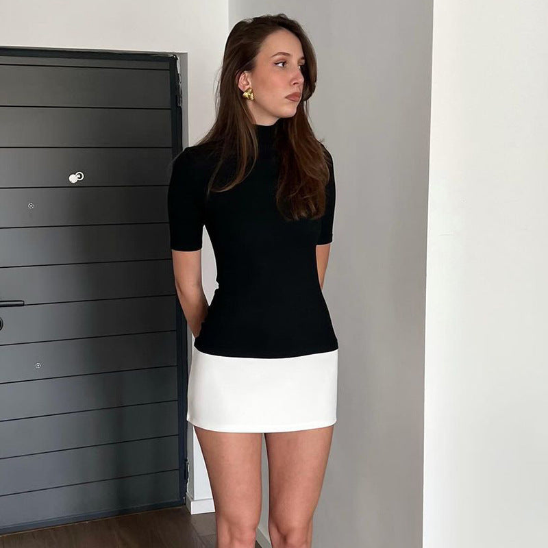 Women Clothing Spring Personality Stitching Contrast Color Half Turtleneck Half Sleeve Skinny Sheath Dress Flash Vision