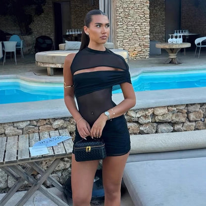 Women Stitching Sexy See through Shoulder Sleeveless Pleated Hip Dress