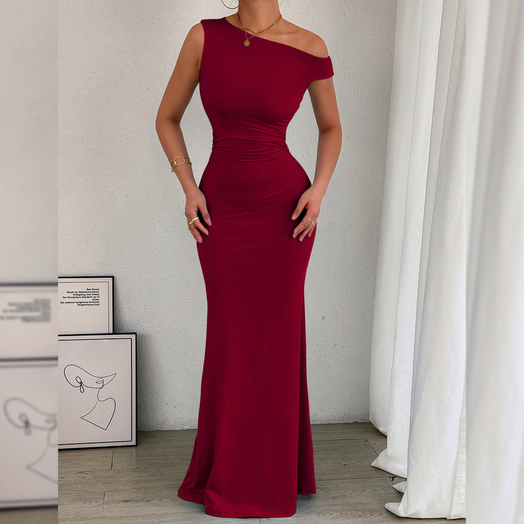 Women Fishtail Dress Slant Shoulder Collar Waist Pleated Sleeveless Sexy Dress Iyasen