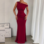 Women Fishtail Dress Slant Shoulder Collar Waist Pleated Sleeveless Sexy Dress Iyasen