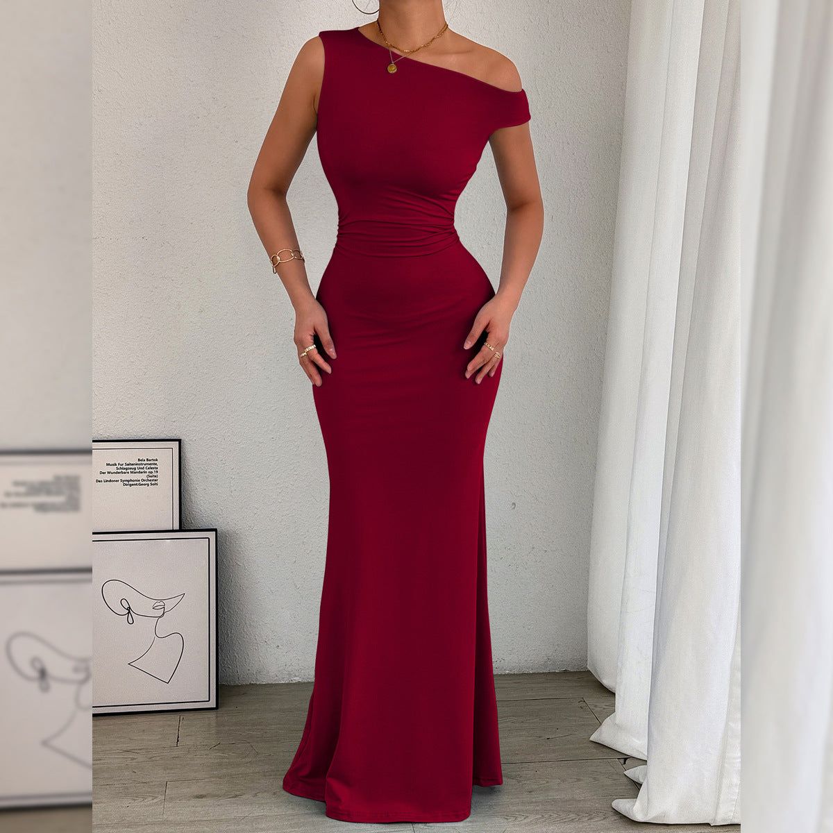 Women Fishtail Dress Slant Shoulder Collar Waist Pleated Sleeveless Sexy Dress Iyasen