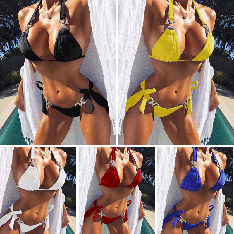 Bikini multicolor sexy push up traje de baño cintura baja halter dividido traje de baño bikini con ataduras