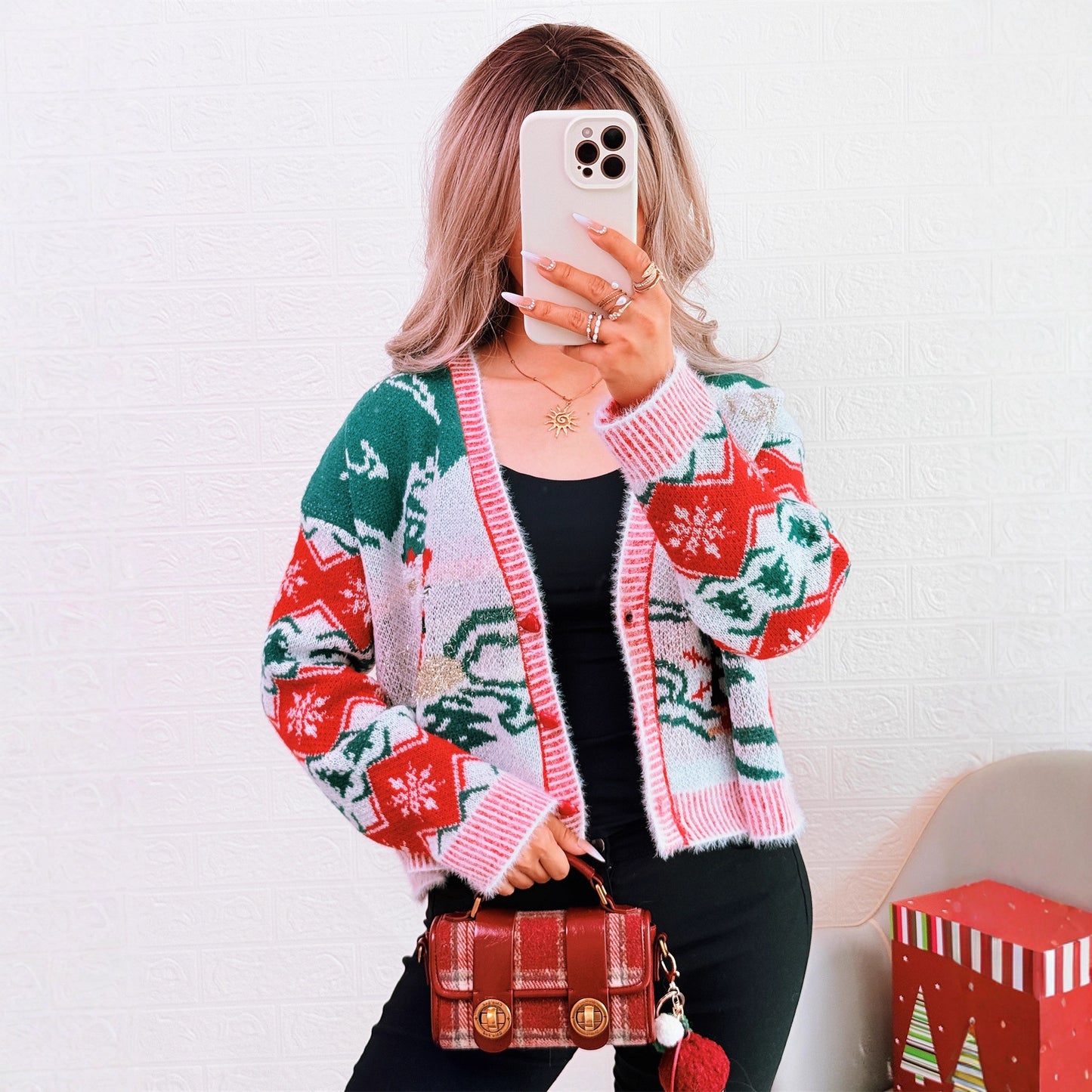 Christmas Contrast Color Casual Knitted Cardigan V neck Casual Short Office Sweater