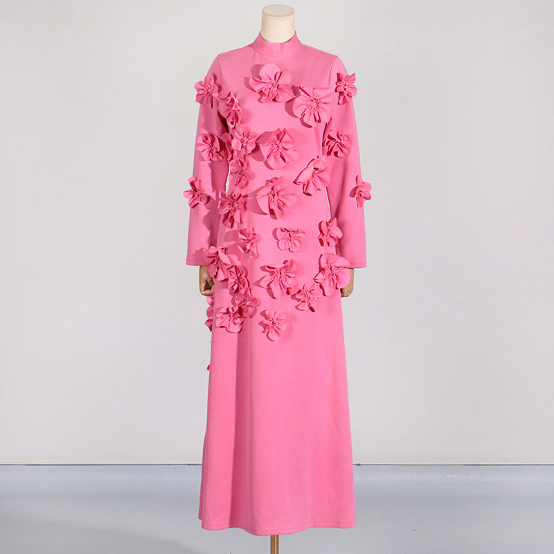 French Floral Stitching Dress Summer High Grade Vacation Stand Collar Long Sleeve Three Dimensional Long Dress Sailfish