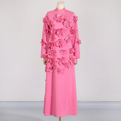 French Floral Stitching Dress Summer High Grade Vacation Stand Collar Long Sleeve Three Dimensional Long Dress Sailfish