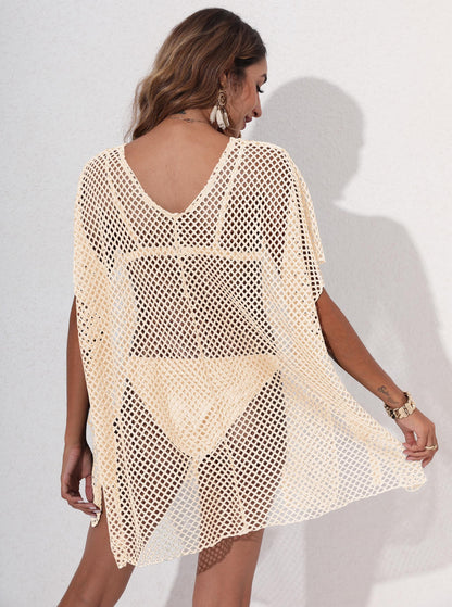 Grid Beach Cover up Women Clothing Loose Irregular Asymmetric Outer Wear Sexy See through Dress