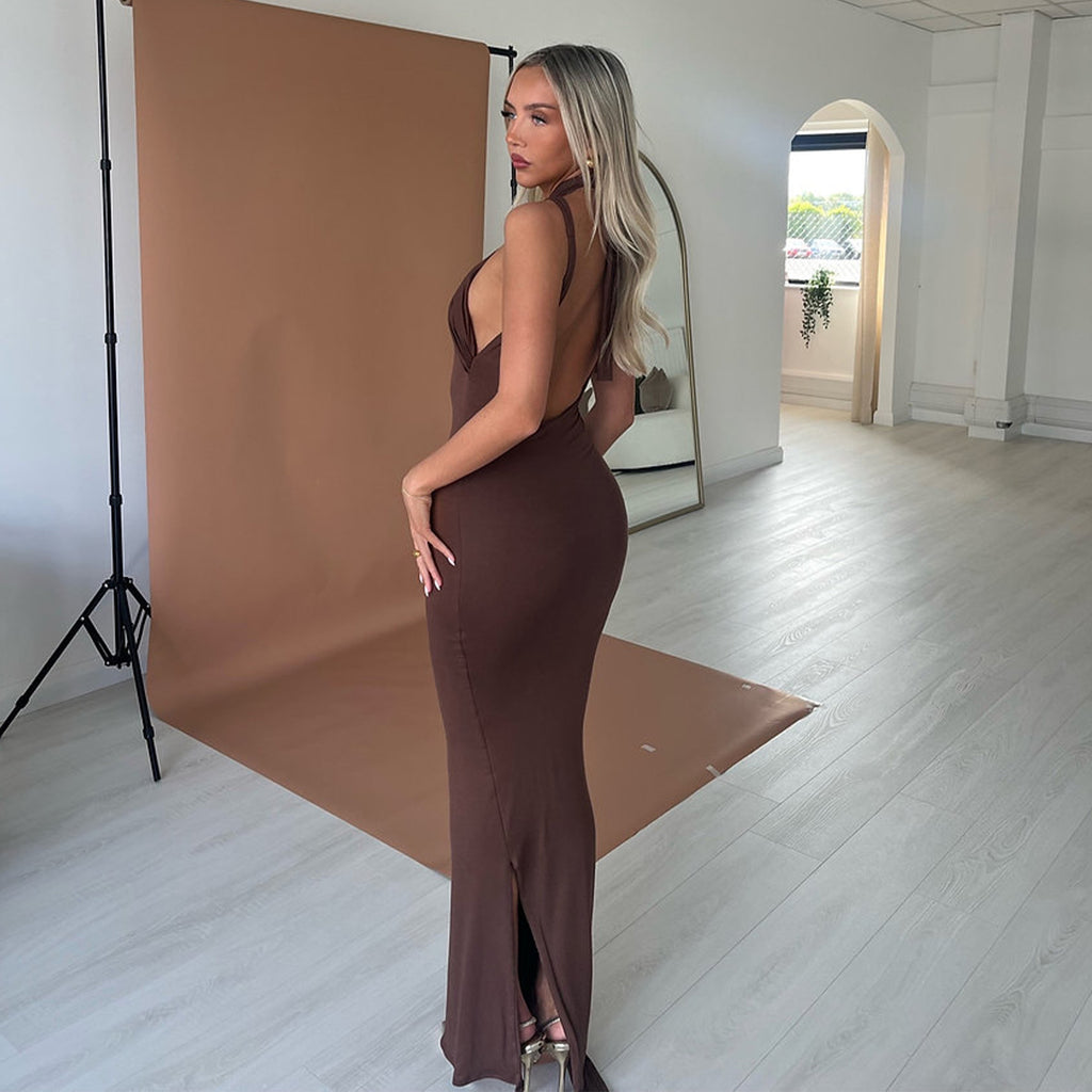 Spring Dress Solid Color Halter Hollow Out Cutout Slim Sheath High Waist Sexy Axey