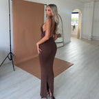 Spring Dress Solid Color Halter Hollow Out Cutout Slim Sheath High Waist Sexy Axey