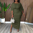 Plus Size Women Clothing Fashionable Elegant Solid Color round Neck Raglan Sleeves Fashionable Pleated Dress AMOUR
