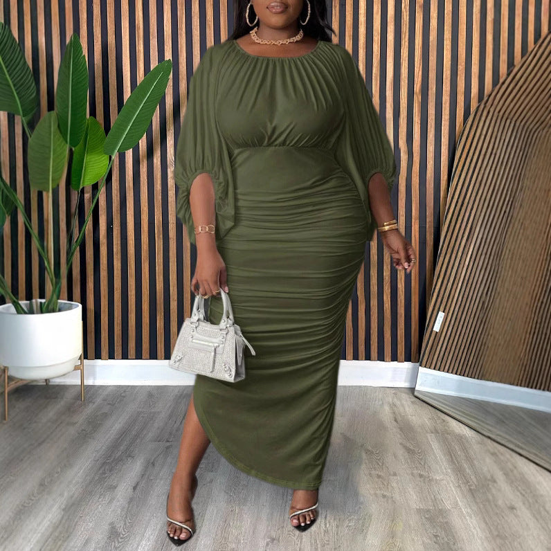 Plus Size Women Clothing Fashionable Elegant Solid Color round Neck Raglan Sleeves Fashionable Pleated Dress AMOUR