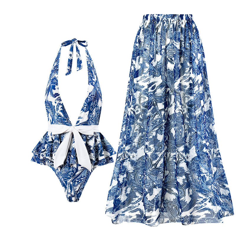 Traje de baño de una pieza para mujer, ajustado, adelgazante, vintage, estampado de gasa, vestido con soporte de acero, bolsa rígida