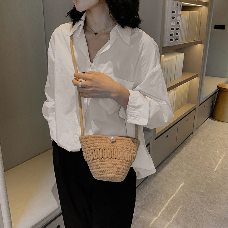 Crossbody Straw Bag Cotton Thread Woven Bag Mobile Phone Change Key Case Hollow Out Cutout Cotton Thread Woven Bag Casual Cute Women EaseWoven